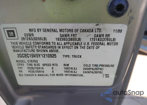 2000 Chevrolet Silverado 1500 Ls from USA, damaged, VIN 2GCEC19V9Y1210825